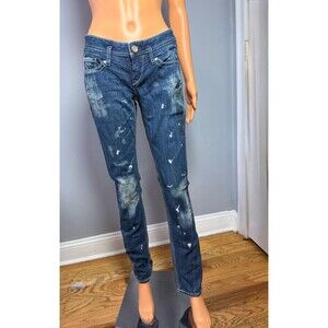Express Zelda Skinny Jeans Womens 4 Regular NWT Distressed Paint Splatter Blue.